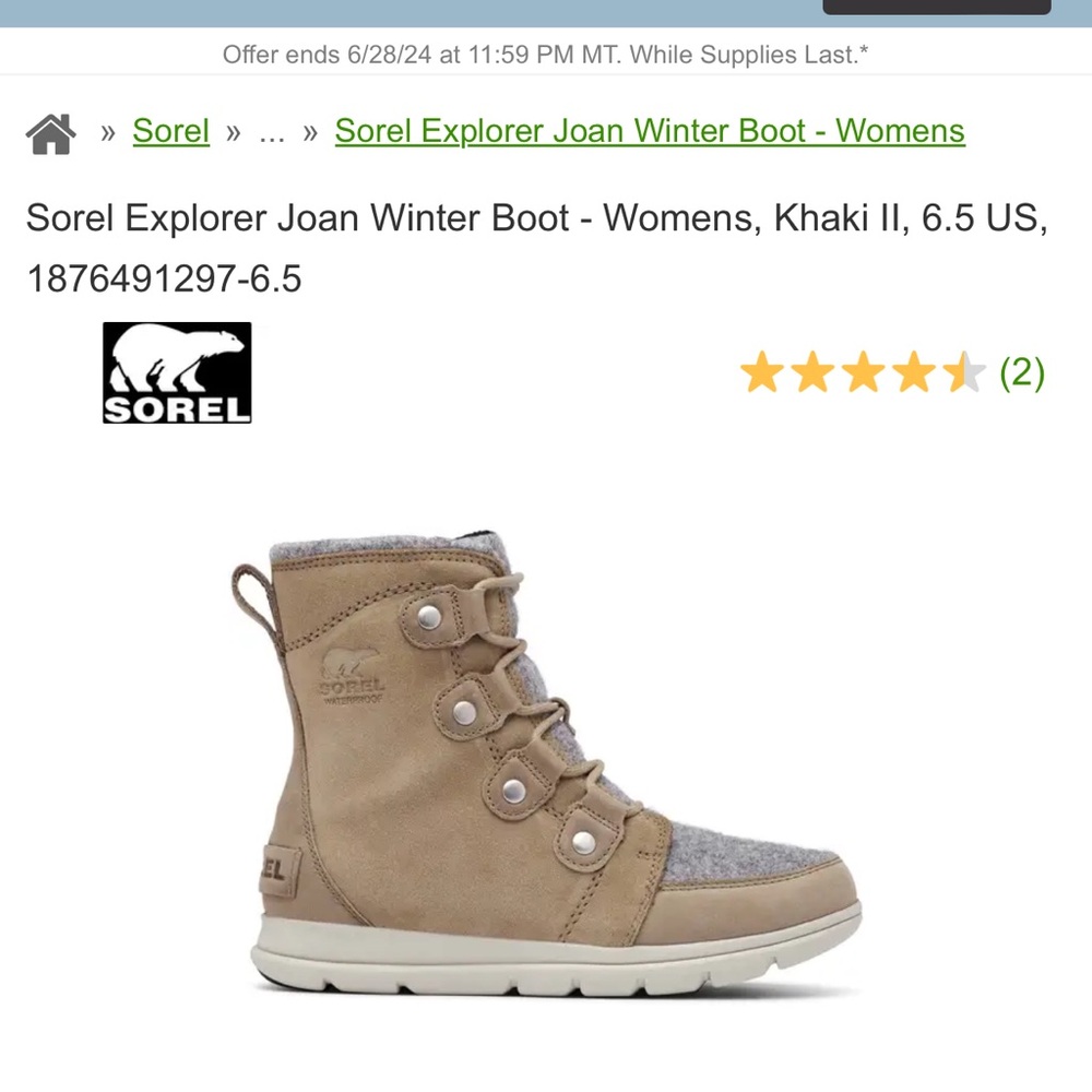 SOREL Women’s Explorer Joan Boot in Khaki/Grey